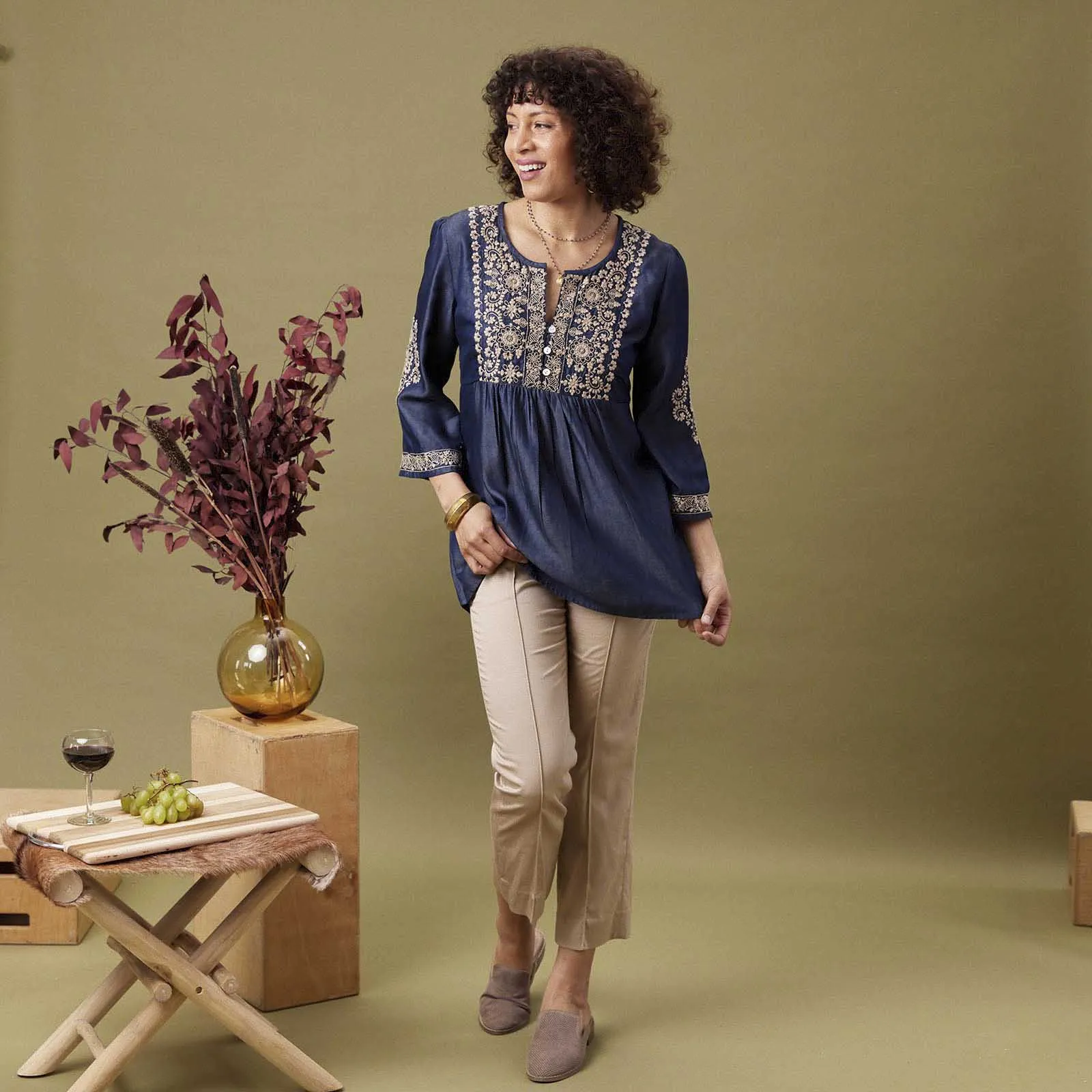 Denim Tencel Tunic with Tan Embroidery