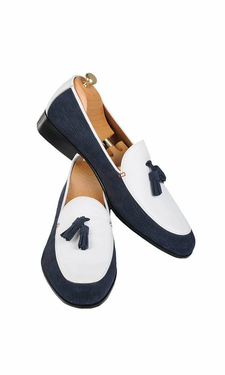 Elegant Blue & White Handmade Tassel Loafers for men, custom dress shoe for men, Men Leather & Corduroy Shoes