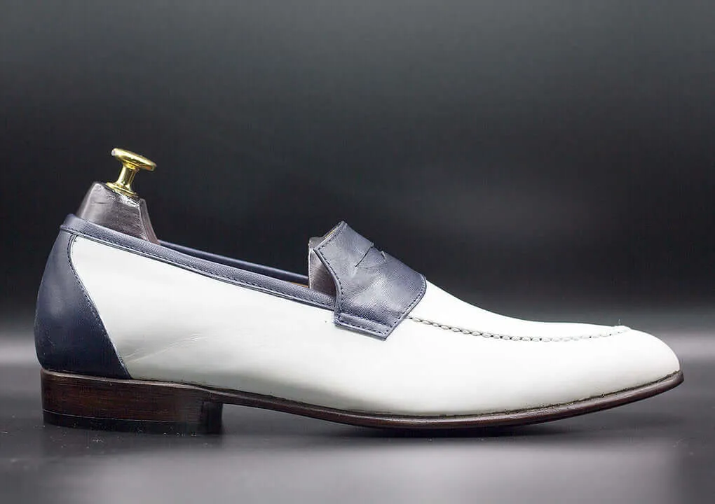 Elegant Handmade Men's Black & White Leather Round Toe Loafers, Men Dress Formal Party Loafers