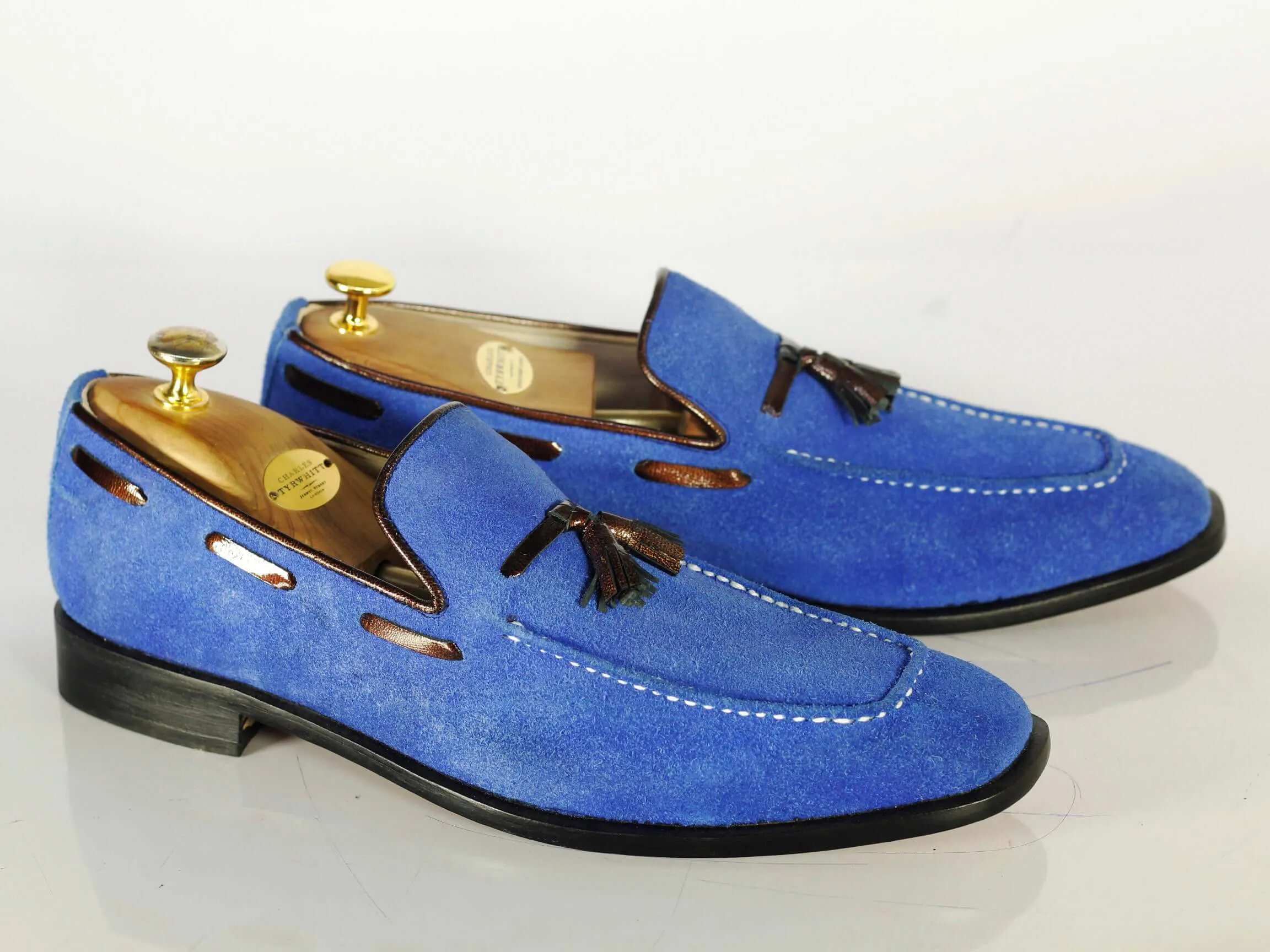 Elegant Handmade Men's Blue Suede Tassel Dress Loafer Shoes, Men Formal Designer Shoes