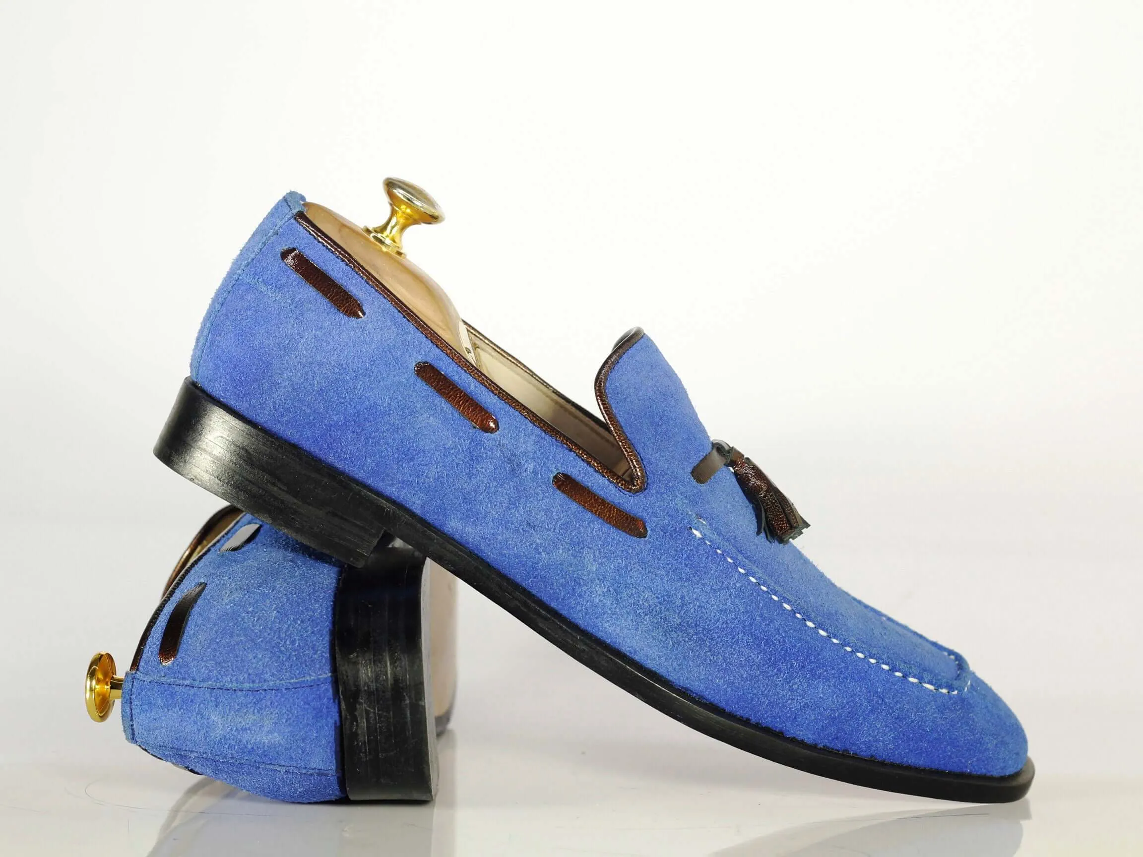 Elegant Handmade Men's Blue Suede Tassel Dress Loafer Shoes, Men Formal Designer Shoes