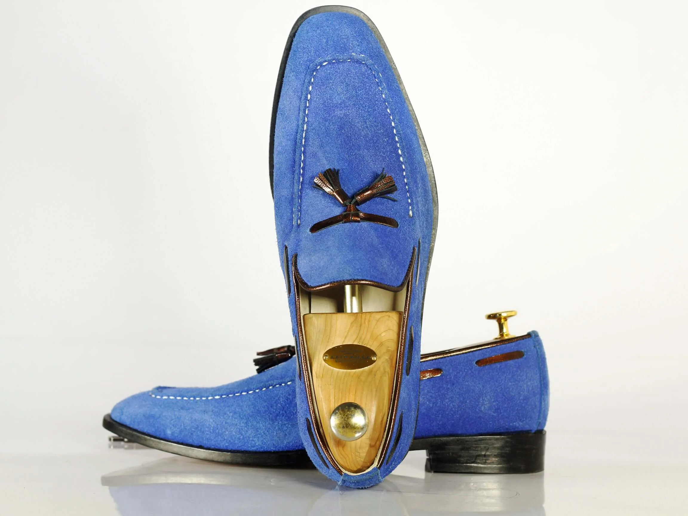 Elegant Handmade Men's Blue Suede Tassel Dress Loafer Shoes, Men Formal Designer Shoes