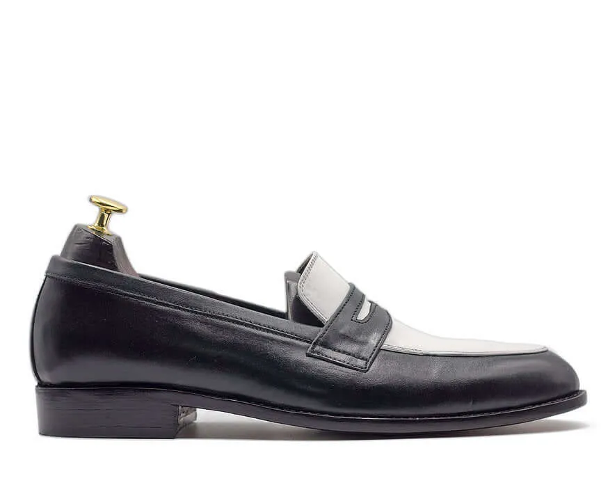 Elegant Men's Handmade Black & White Leather Round Toe Loafers, Men Dress Formal Party Loafers