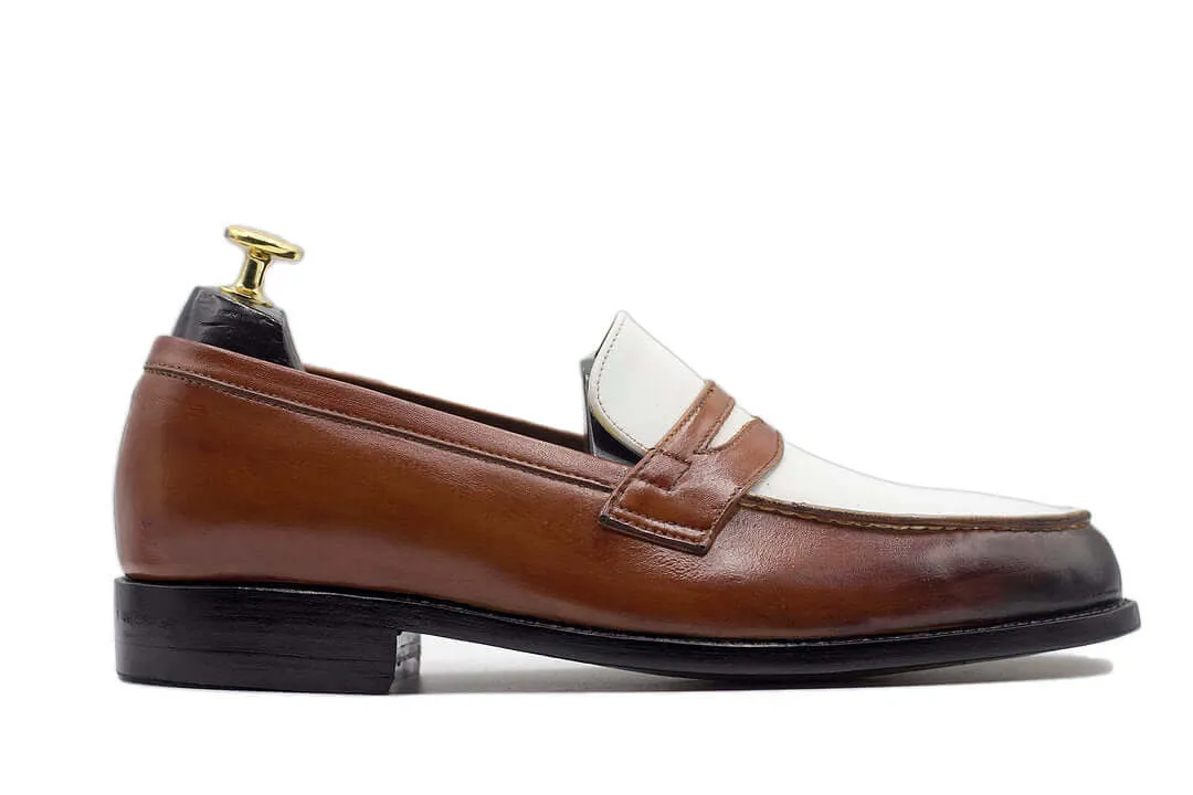 Elegant Men's Handmade Brown White Leather Round Toe Loafers, Men Dress Formal Party Loafers