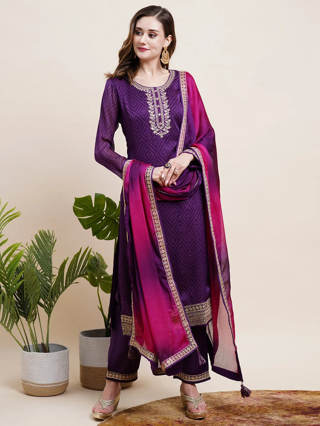 Ethnic Bandhani Printed Zari Dori & Sequins Embroidered Kurta with Pants & Shaded Embroidered Dupatta - Purple