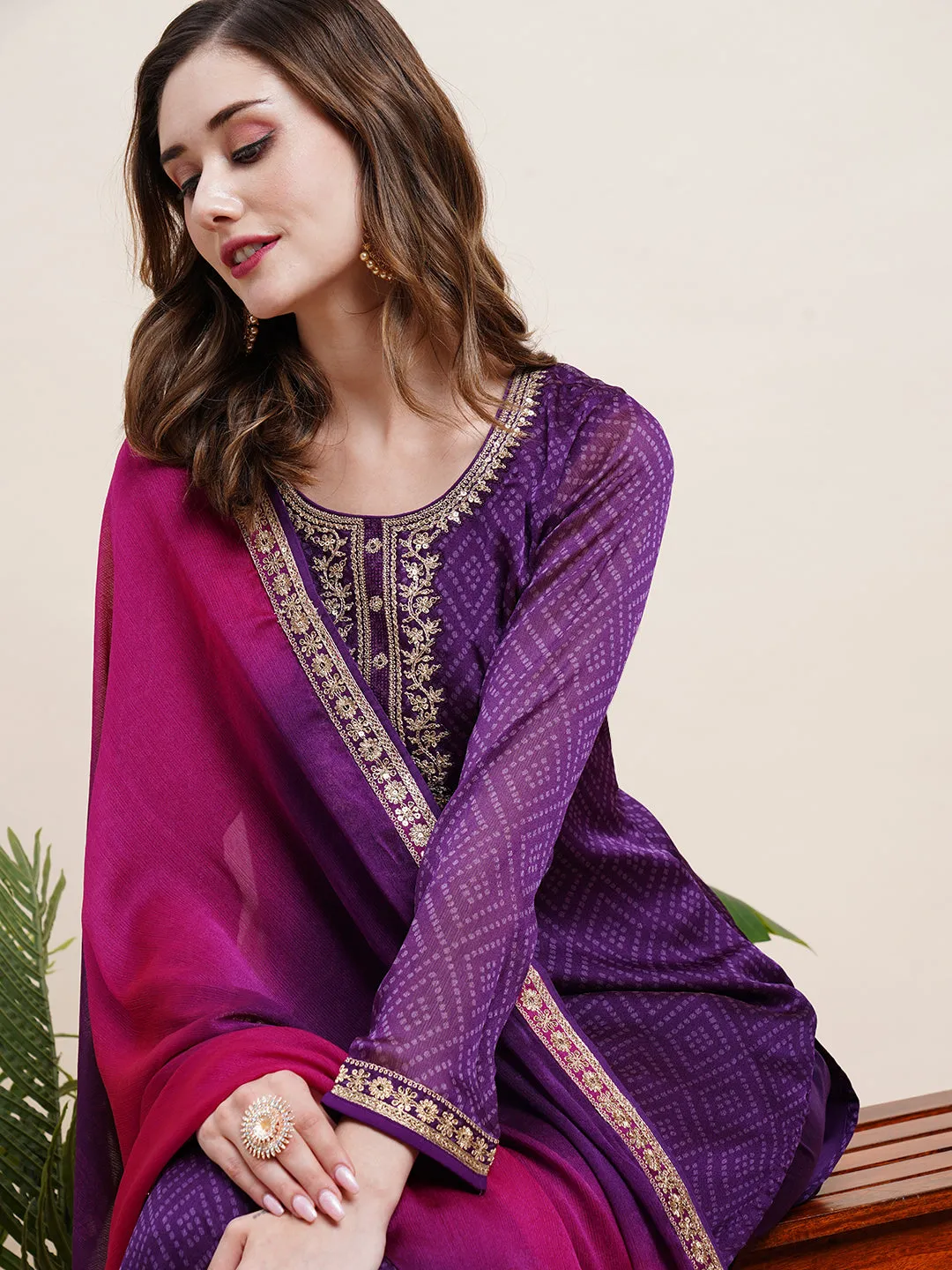 Ethnic Bandhani Printed Zari Dori & Sequins Embroidered Kurta with Pants & Shaded Embroidered Dupatta - Purple