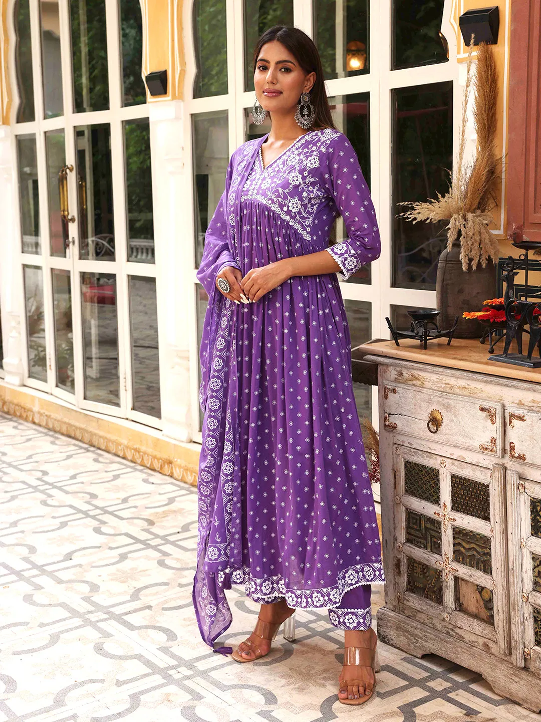 Ethnic Block Printed Mirror & Resham Embroidered Flared Kurta With Pants & Printed Dupatta - Violet