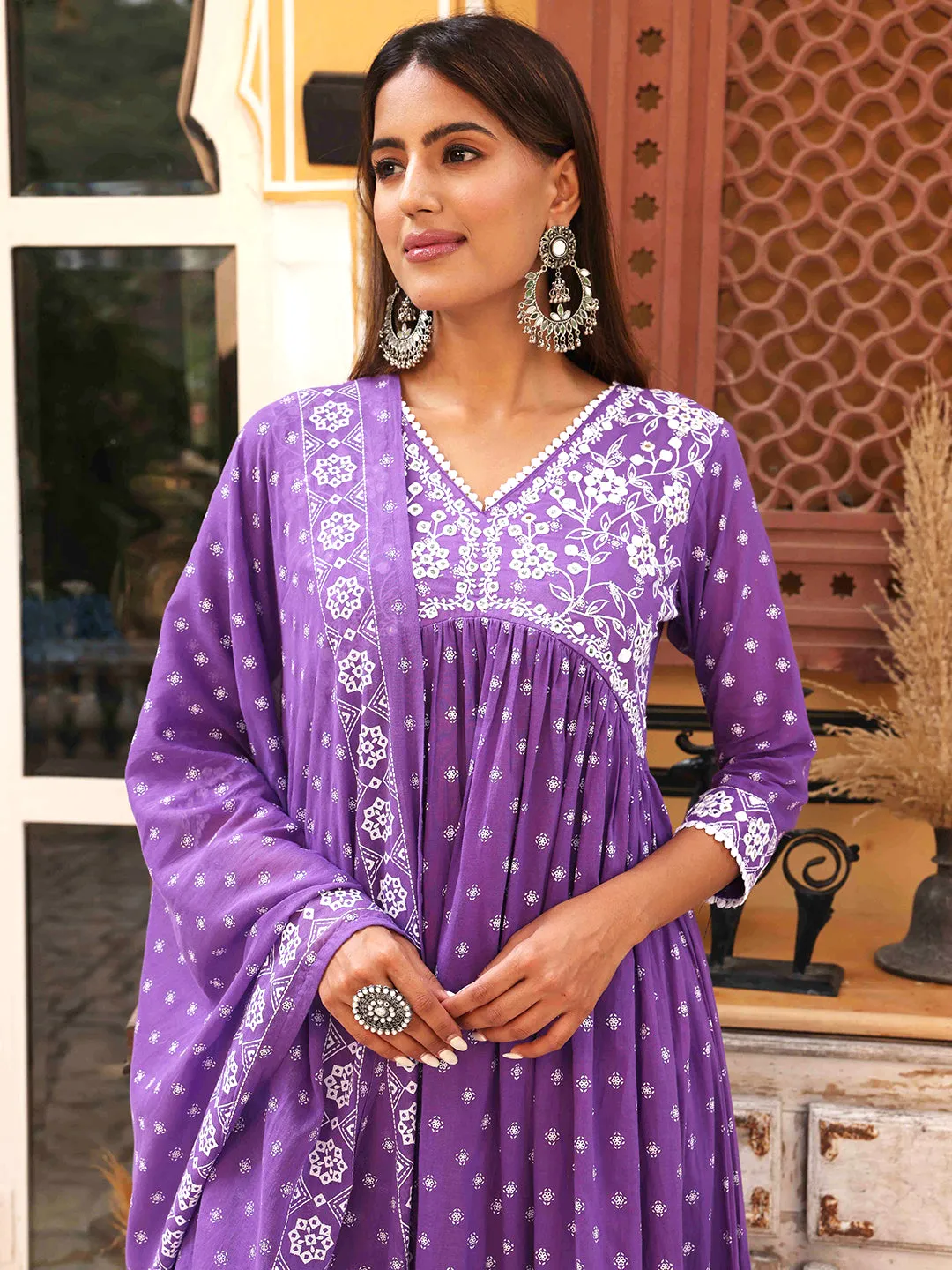 Ethnic Block Printed Mirror & Resham Embroidered Flared Kurta With Pants & Printed Dupatta - Violet