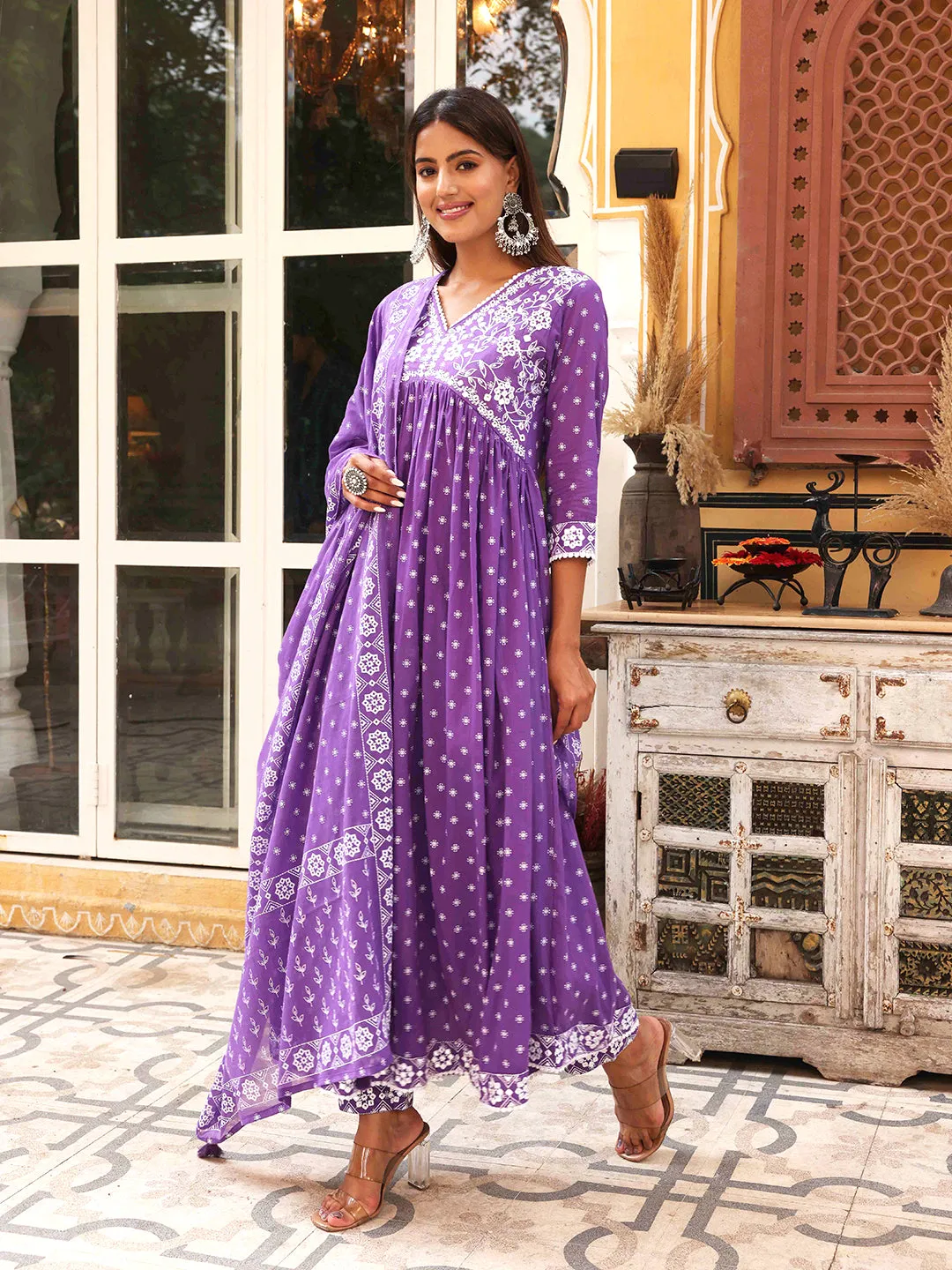 Ethnic Block Printed Mirror & Resham Embroidered Flared Kurta With Pants & Printed Dupatta - Violet