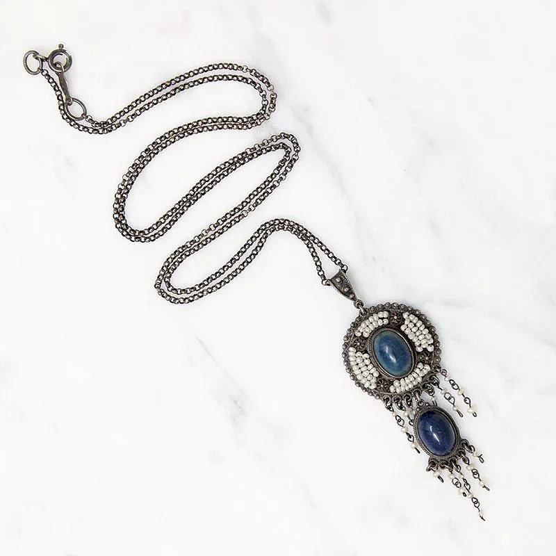 Exquisite Austro-Hungarian Lapis and Pearl Fringe Pendant