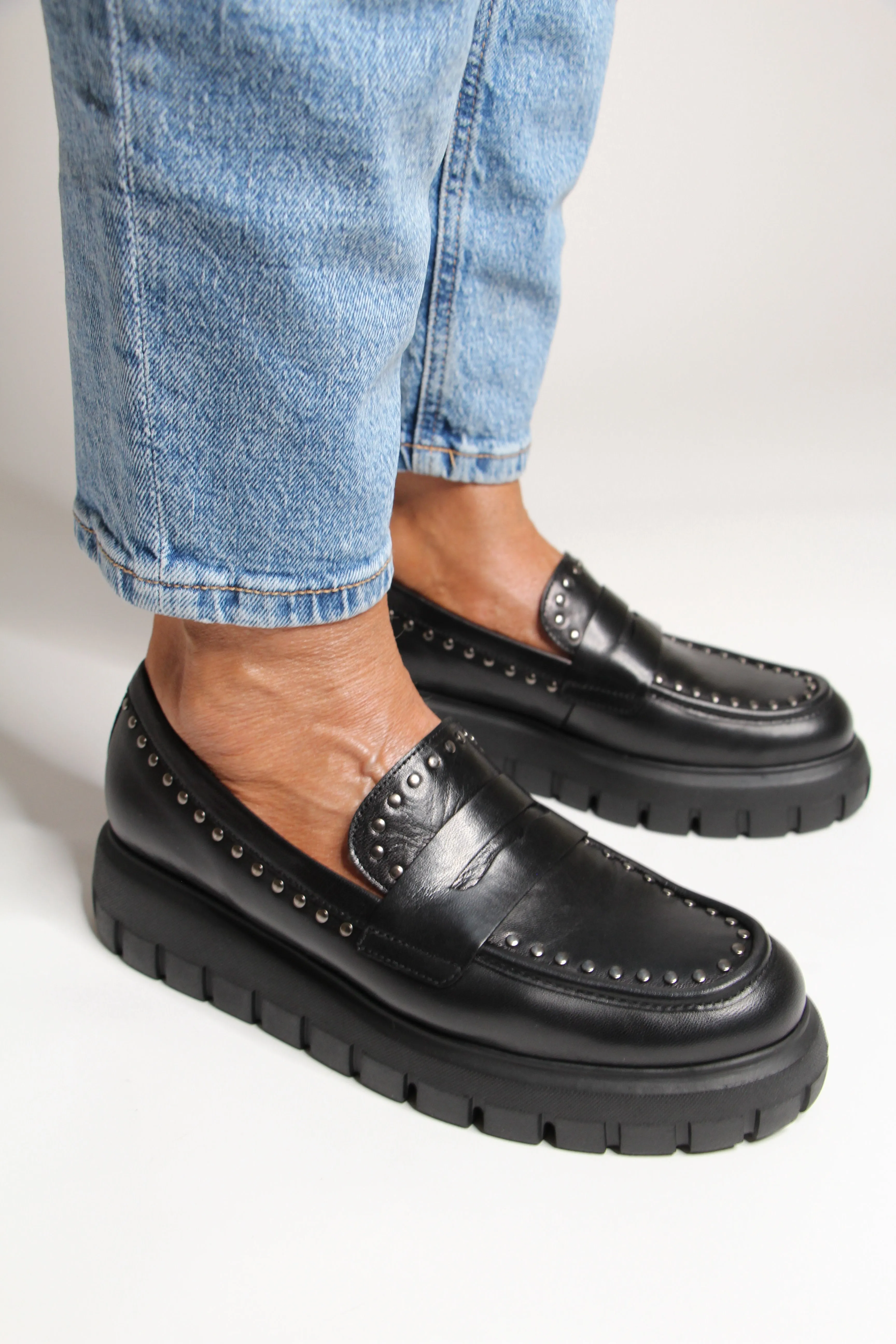 Gabor Black Leather Studded Wedge Loafer 30337