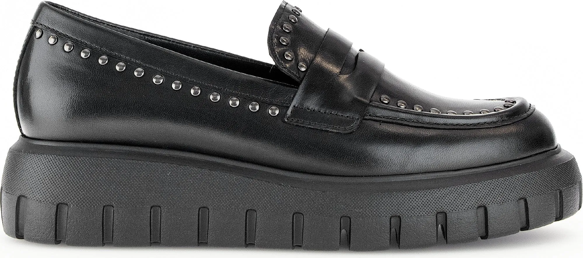 Gabor Black Leather Studded Wedge Loafer 30337