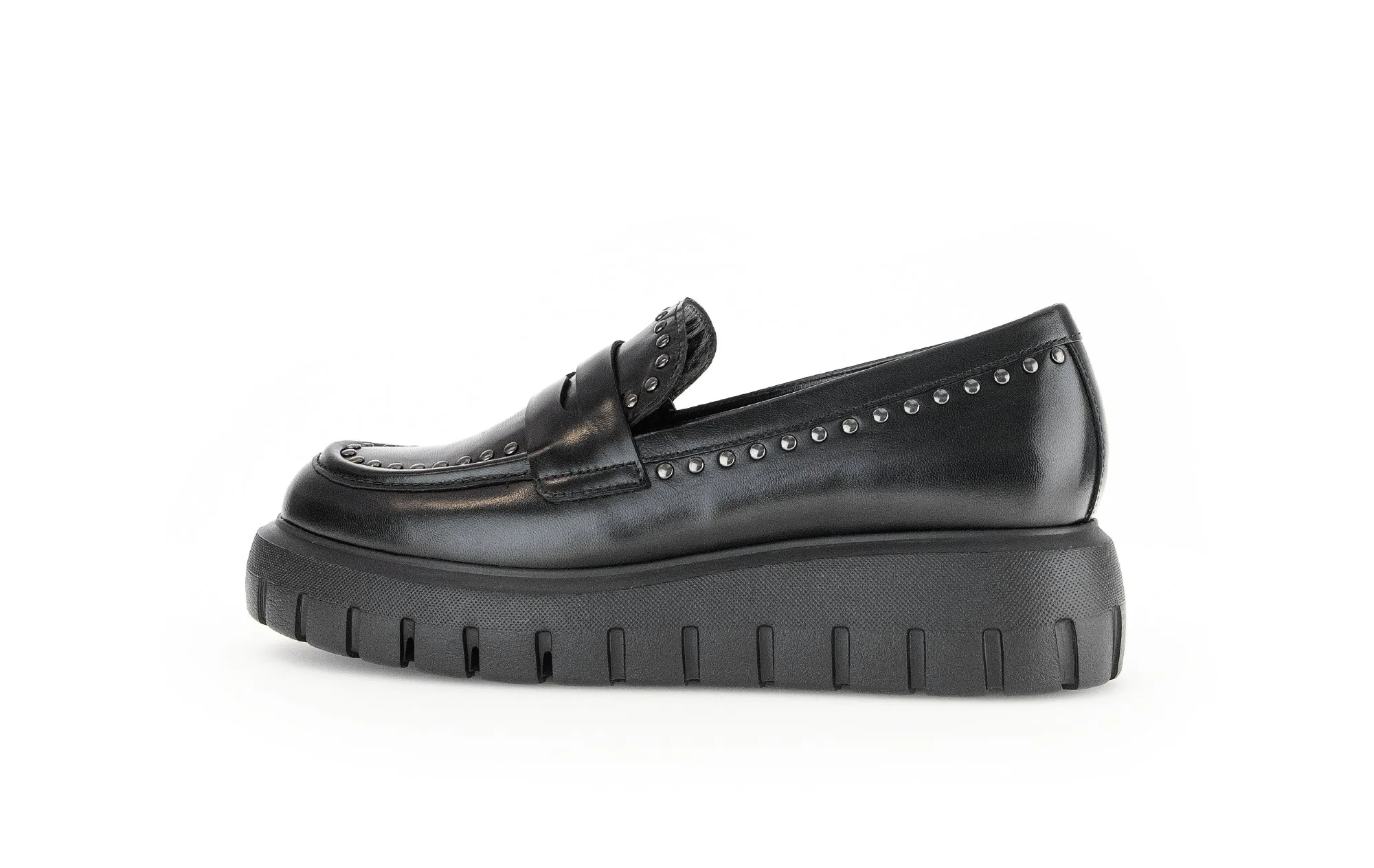 Gabor Black Leather Studded Wedge Loafer 30337