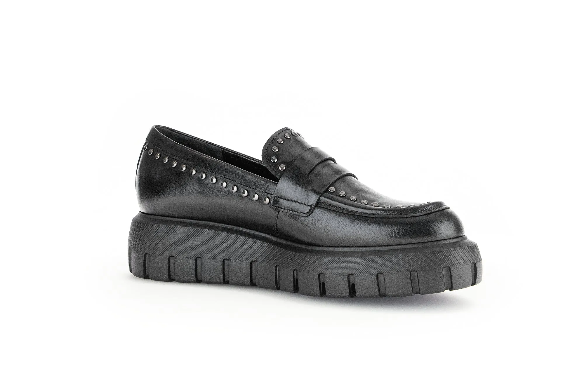 Gabor Black Leather Studded Wedge Loafer 30337