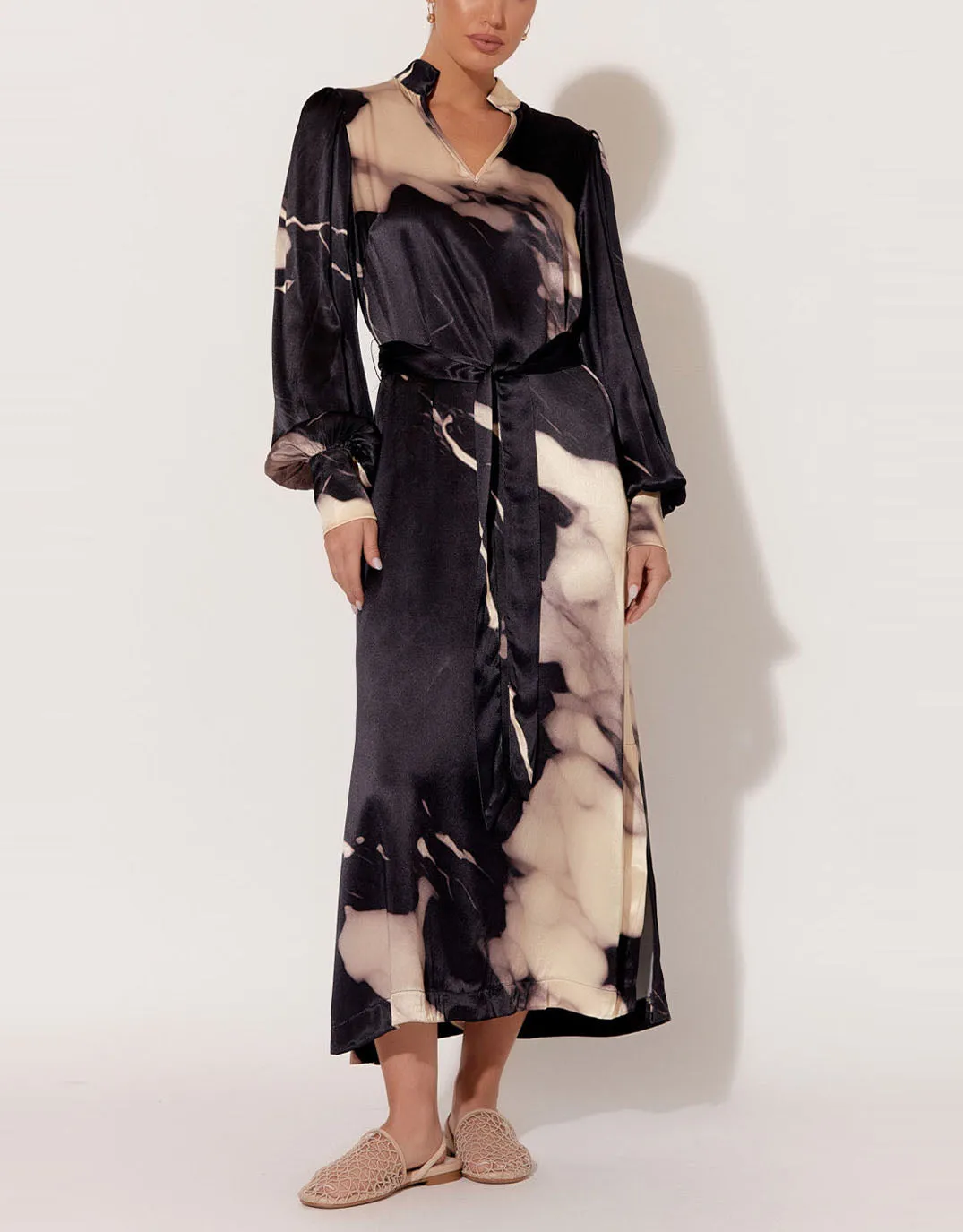 Haisley Marble Satin Midi Dress - Marble Print