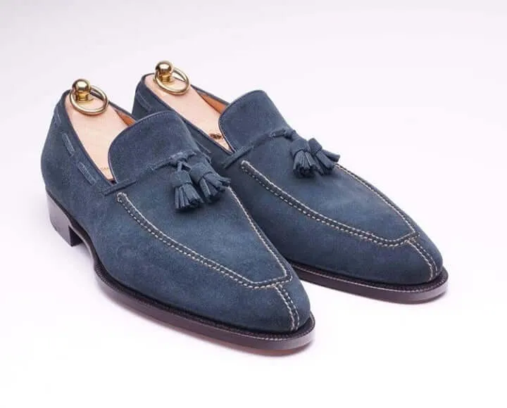 Handmade Men's Blue Split Toe Tassels Suede Loafer Fashion Shoes, Men Designer Dress Formal Luxury Shoes