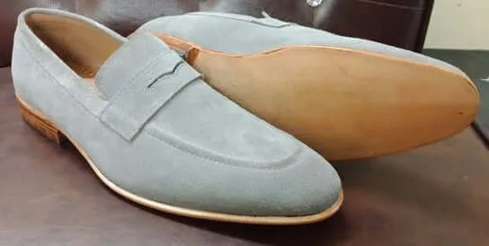 Handmade Men's Gray Color Suede Dress Shoes, Men Gray Suede Moccasin Loafers