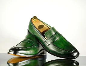 Handmade Men's Green Leather Penny Loafer Shoes, Men Designer Dress Formal Luxury Shoes