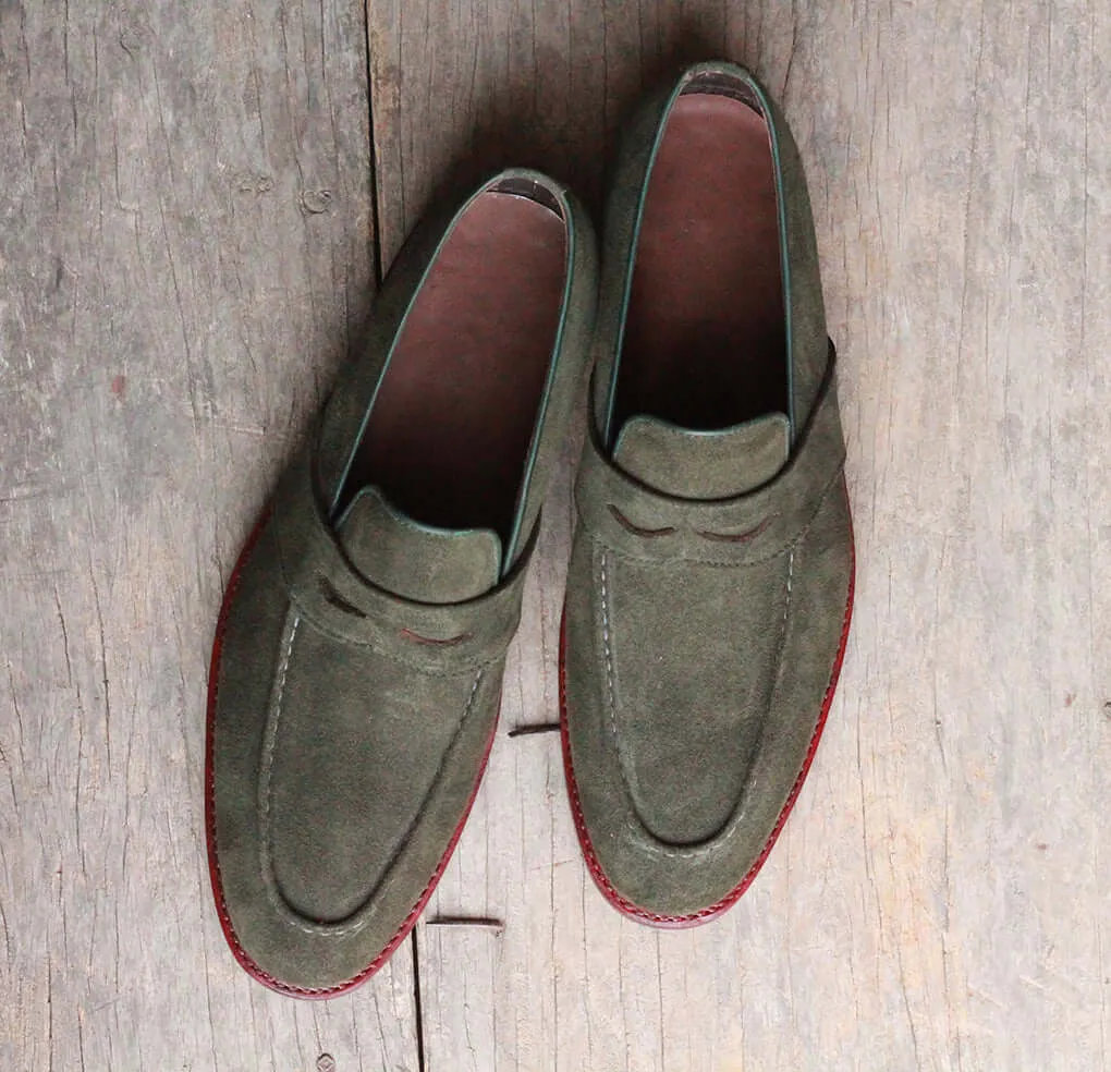 Handmade Men's Green Suede Penny Loafers, Men Designer Dress Formal Luxury Shoes