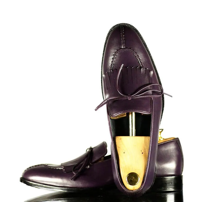 Handmade Men's Purple Leather Split Toe Fringes Loafer Shoes, Men Dress Formal Fashion Shoes