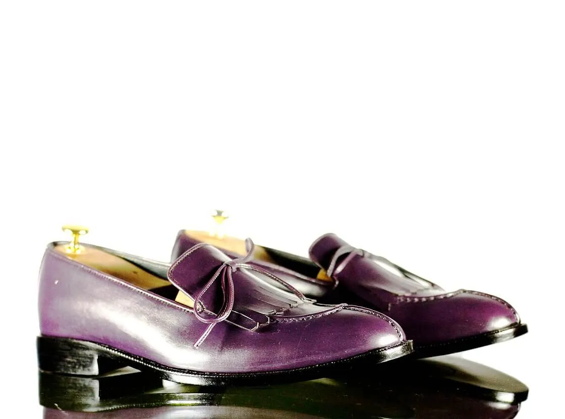 Handmade Men's Purple Leather Split Toe Fringes Loafer Shoes, Men Dress Formal Fashion Shoes