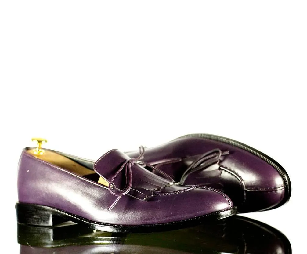 Handmade Men's Purple Leather Split Toe Fringes Loafer Shoes, Men Dress Formal Fashion Shoes