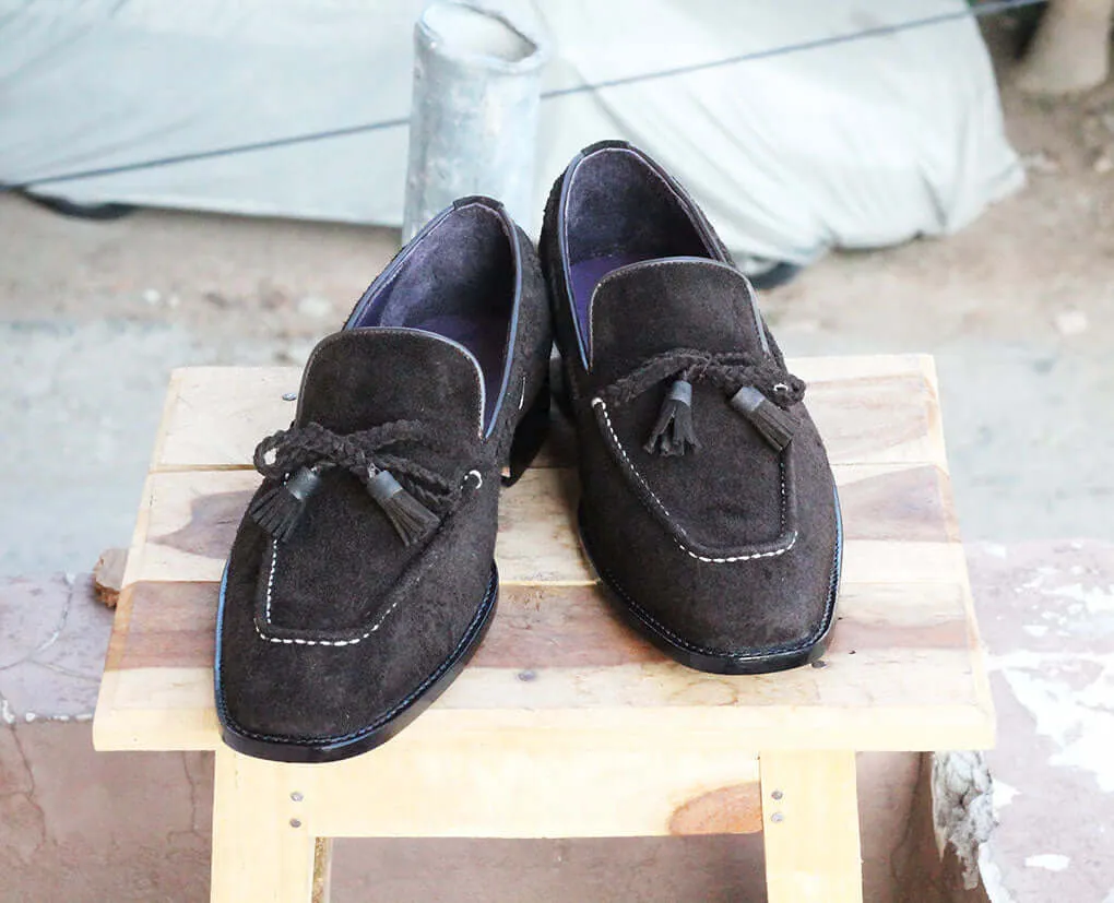 Handmade Men's Suede Shoes, Men Black Tussles Moccasins, Men Fashion Dress Shoes