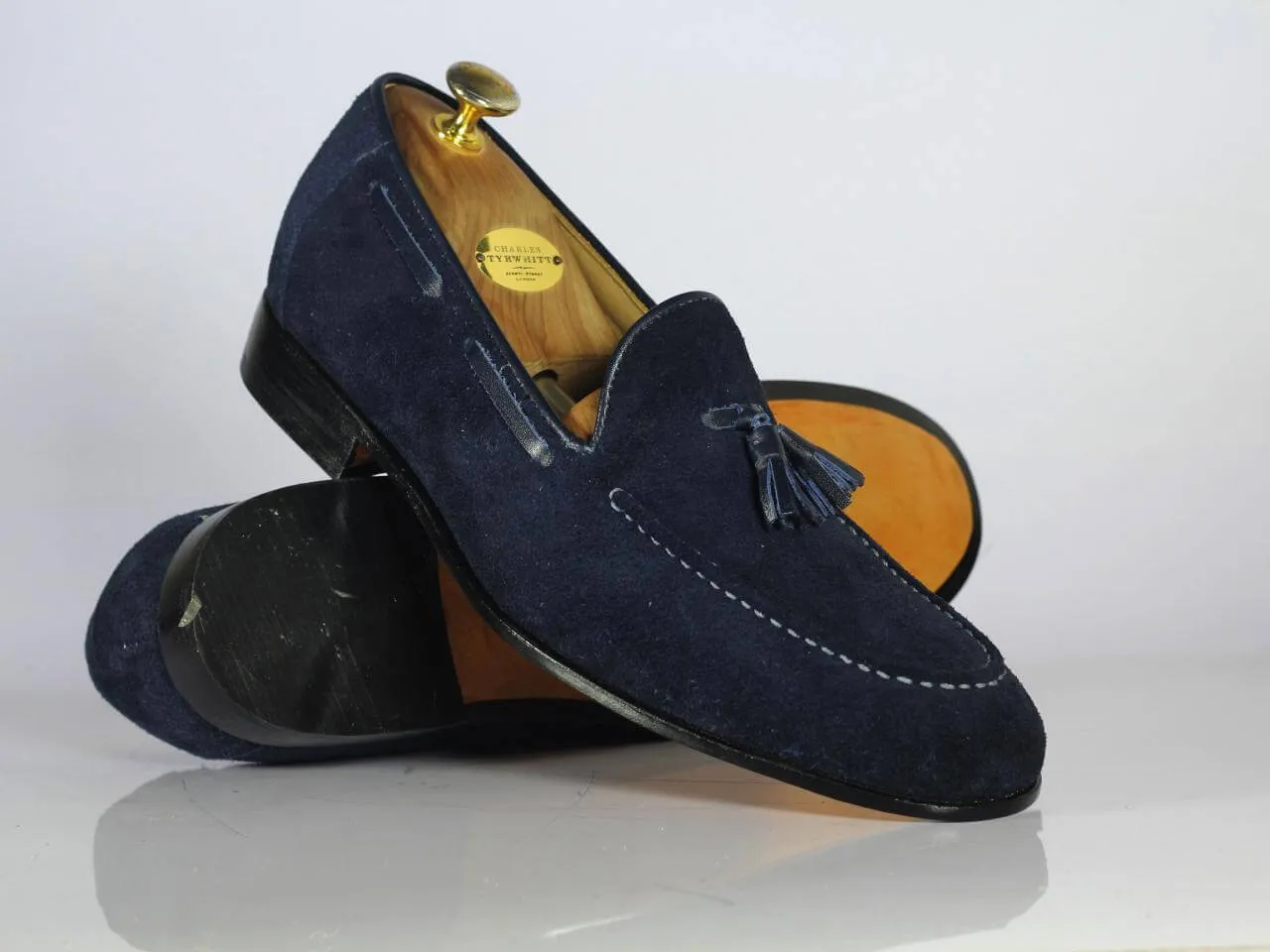 Handmade Men's Suede Tussles Loafer, Men Blue Tassel Moccasin Dress Shoes