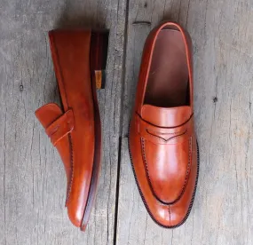 Handmade Men's Tan Leather Penny Loafer Shoes, Men Designer Dress Formal Luxury Shoes