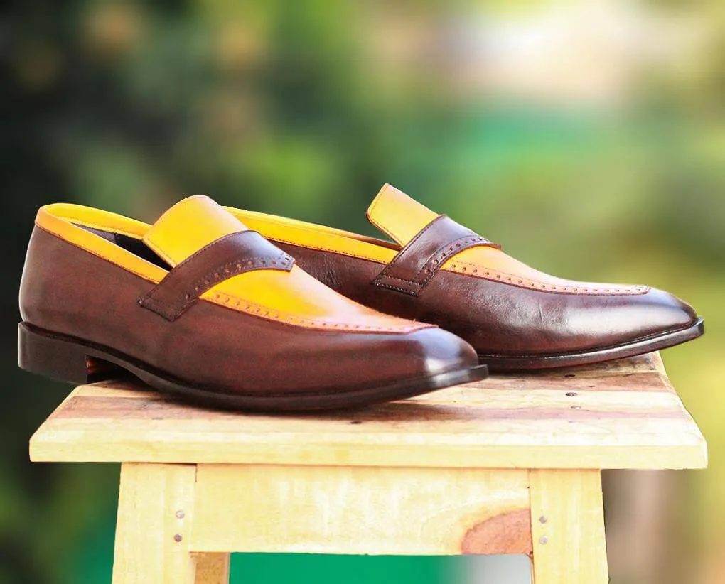 Handmade Men's Two Tone Yellow Brown Leather Loafer Shoes, Men Designer Dress Formal Luxury Party Shoes