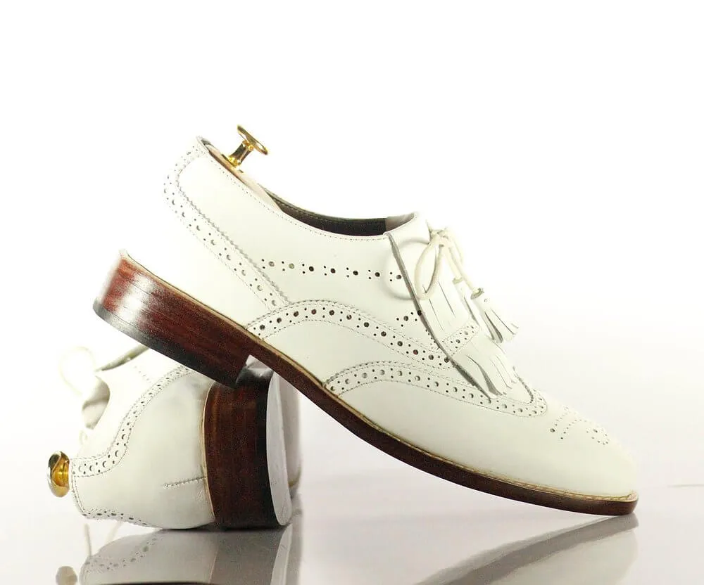 Handmade Men's White Leather Wing Tip Brogue Shoes, Men Fringes Dress Formal Shoes