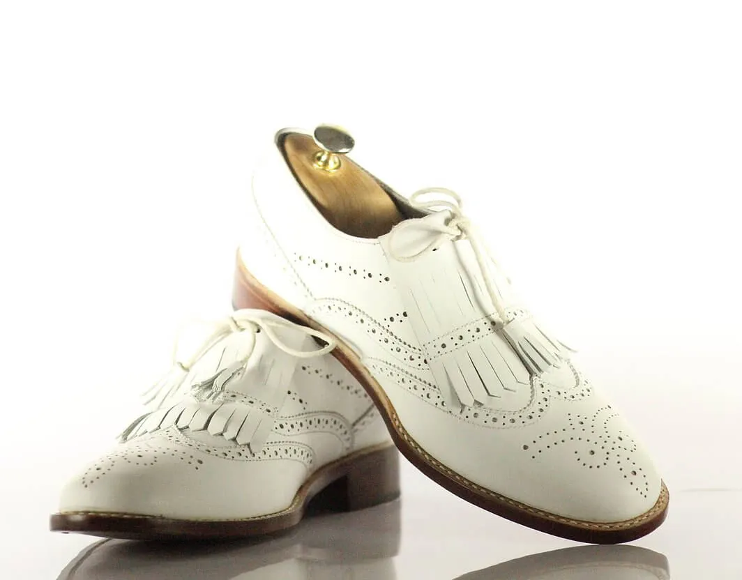 Handmade Men's White Leather Wing Tip Brogue Shoes, Men Fringes Dress Formal Shoes