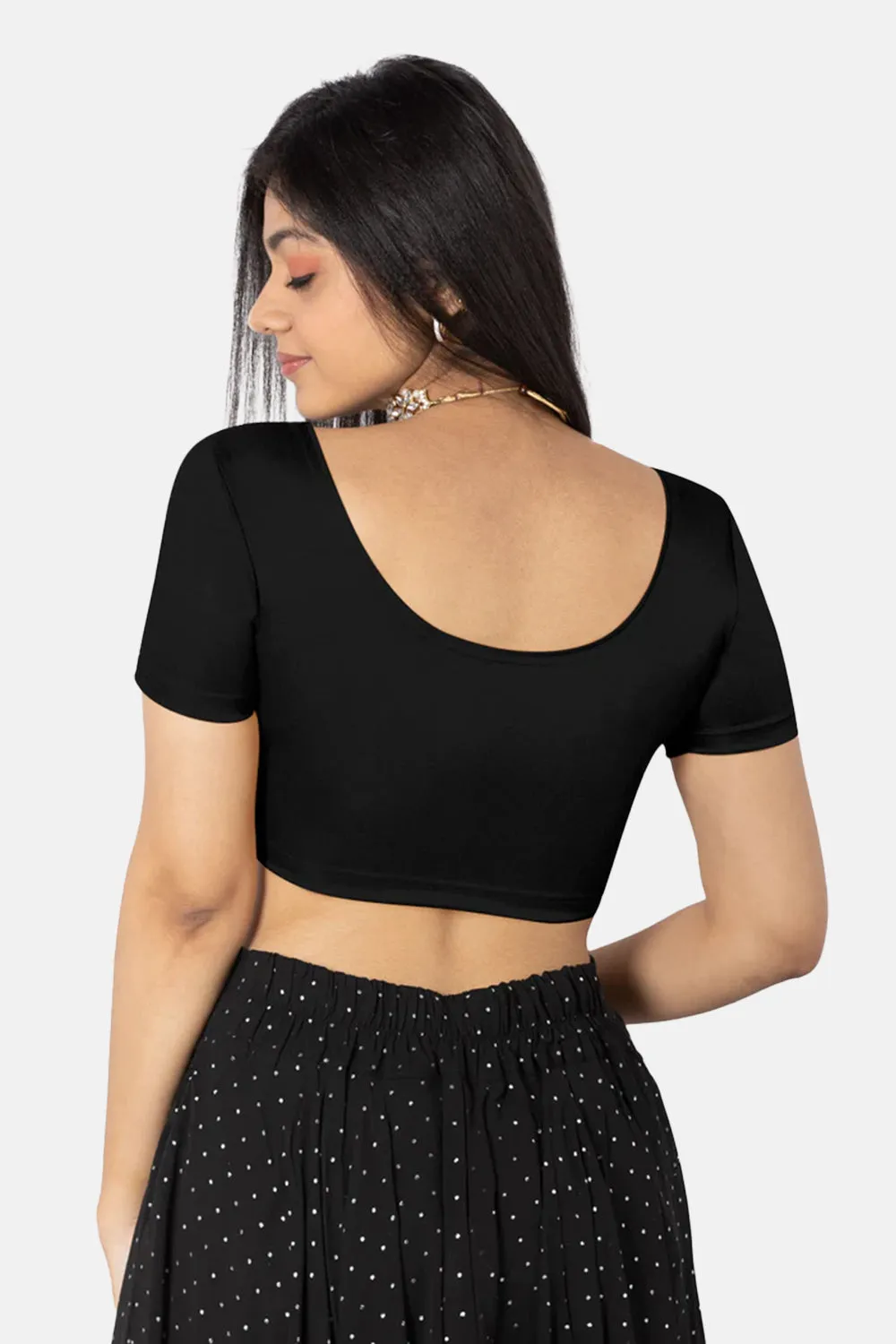 High Coverage Non-Wired Non-Padded Knitted Blouse with Round Neck Princess Cut Short Sleeve - Black Shimmer