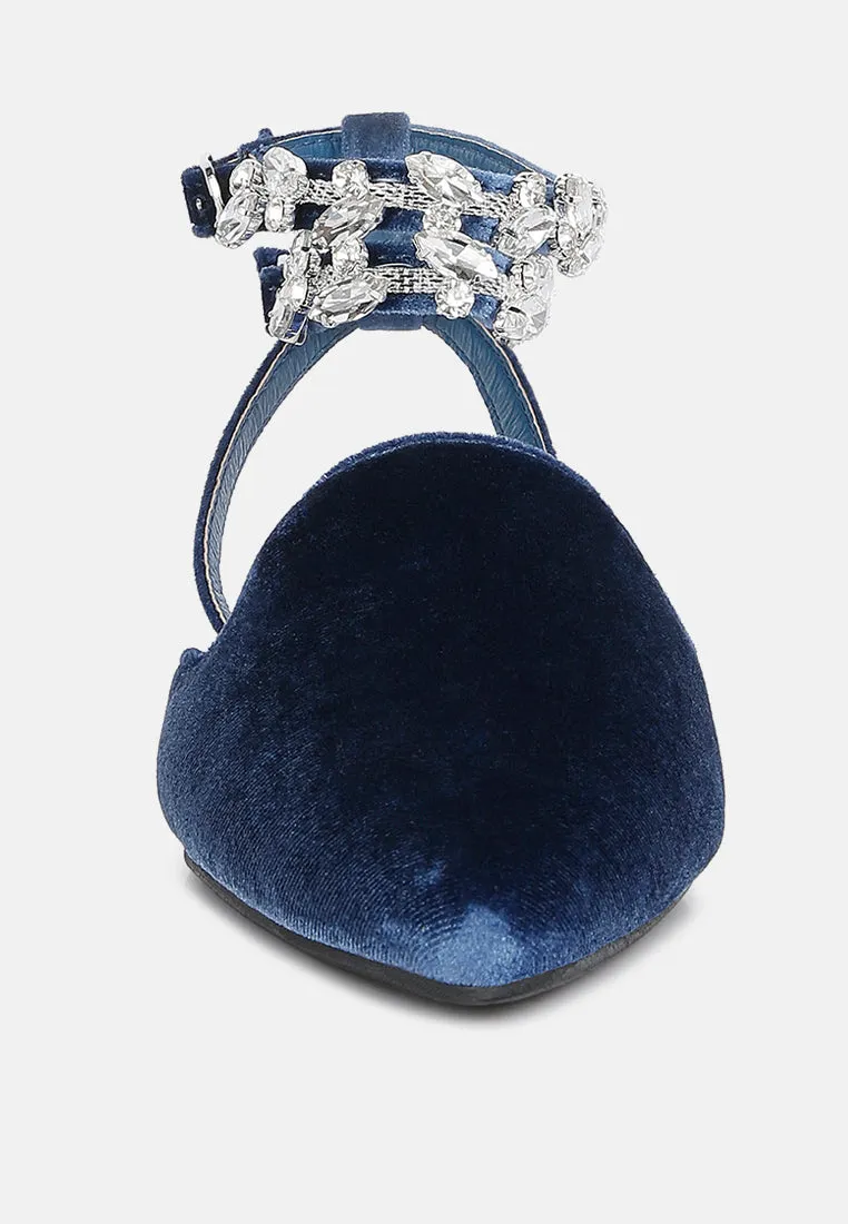 SALOME Blue Embellished Ankle Strap Velvet Mules