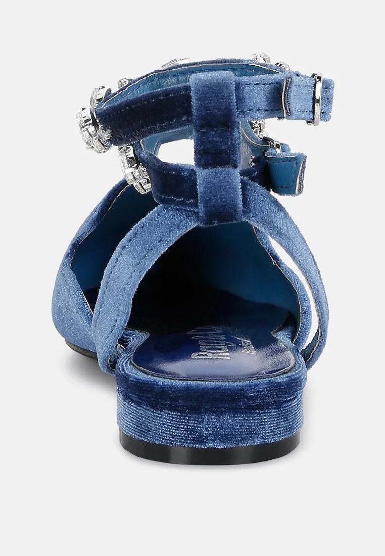 SALOME Blue Embellished Ankle Strap Velvet Mules