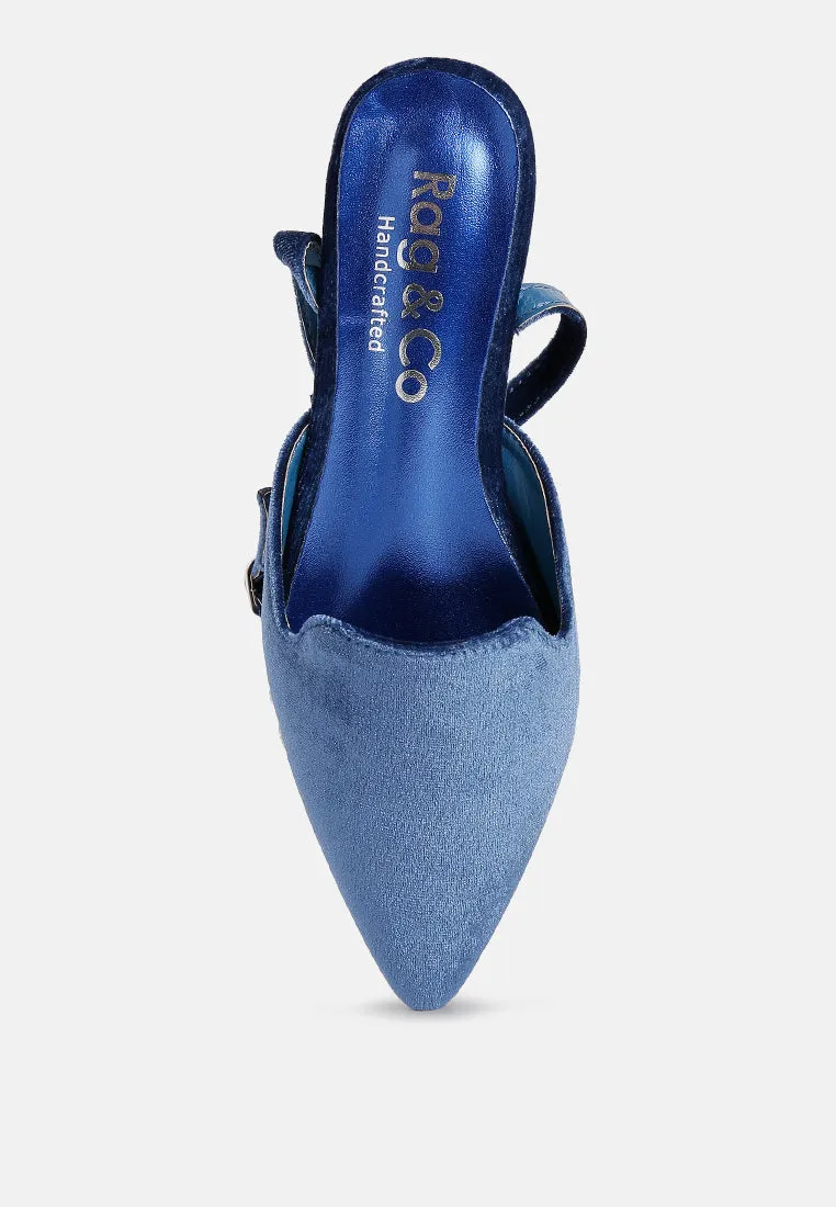 SALOME Blue Embellished Ankle Strap Velvet Mules