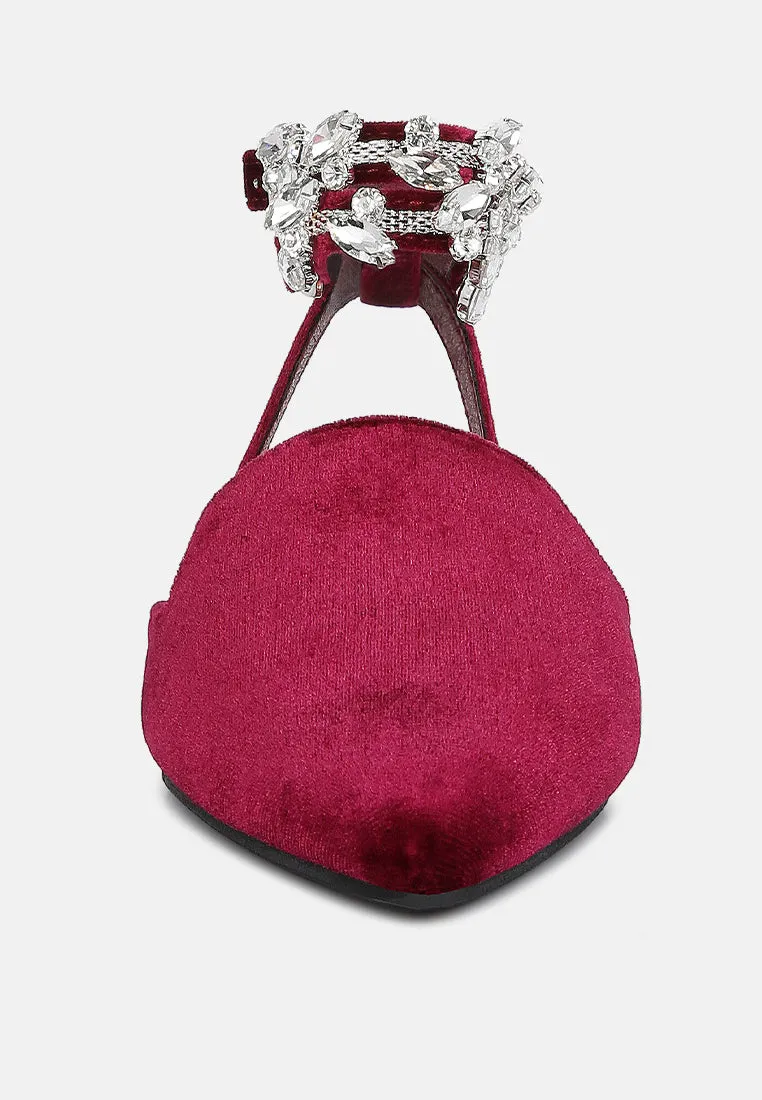 SALOME Burgundy Embellished Ankle Strap Velvet Mules