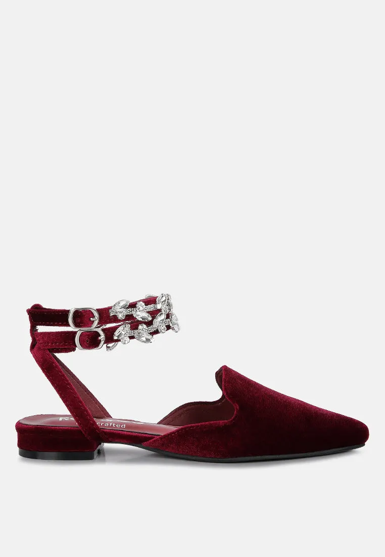 SALOME Burgundy Embellished Ankle Strap Velvet Mules