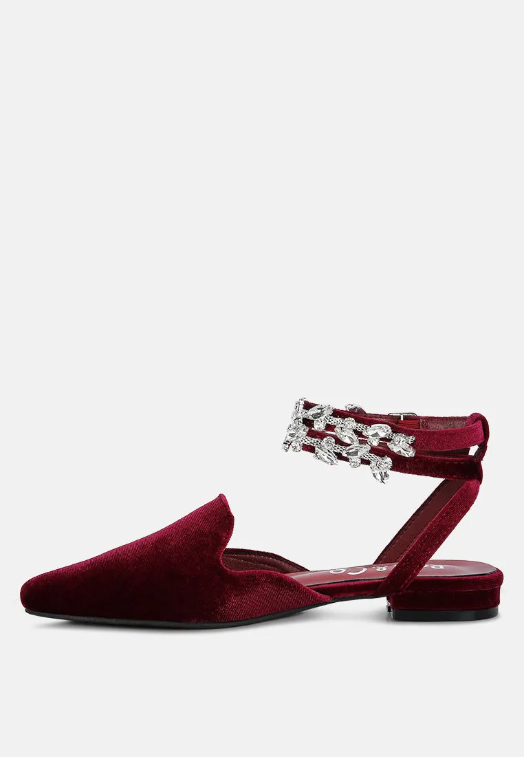 SALOME Burgundy Embellished Ankle Strap Velvet Mules