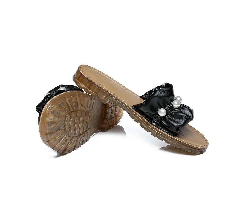 Women Leather Flats Slides Sandals With Pearls Linita