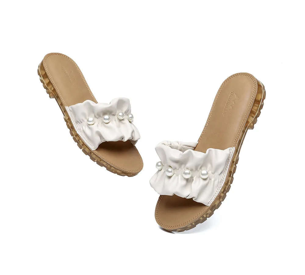 Women Leather Flats Slides Sandals With Pearls Linita