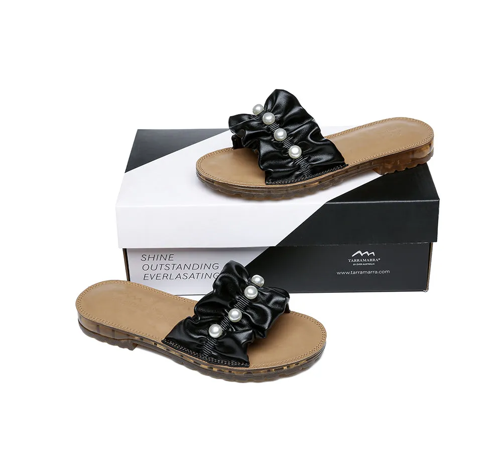 Women Leather Flats Slides Sandals With Pearls Linita