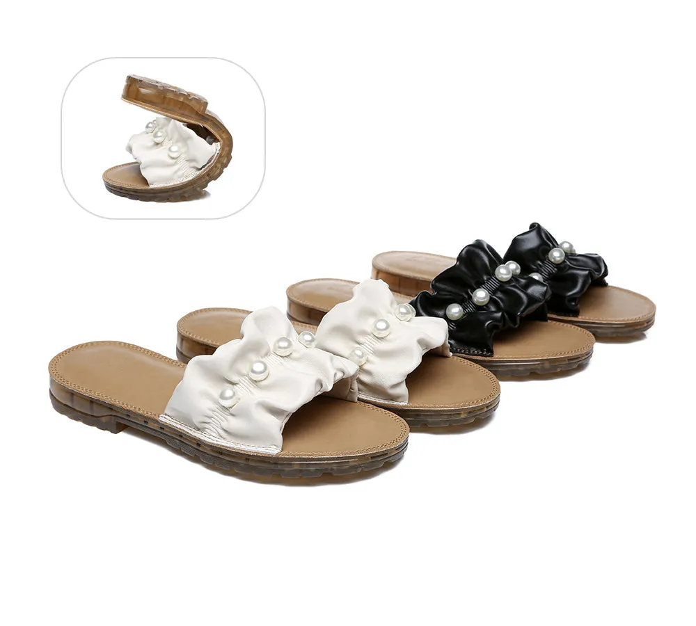 Women Leather Flats Slides Sandals With Pearls Linita