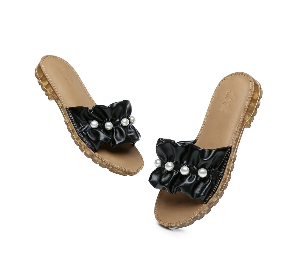 Women Leather Flats Slides Sandals With Pearls Linita