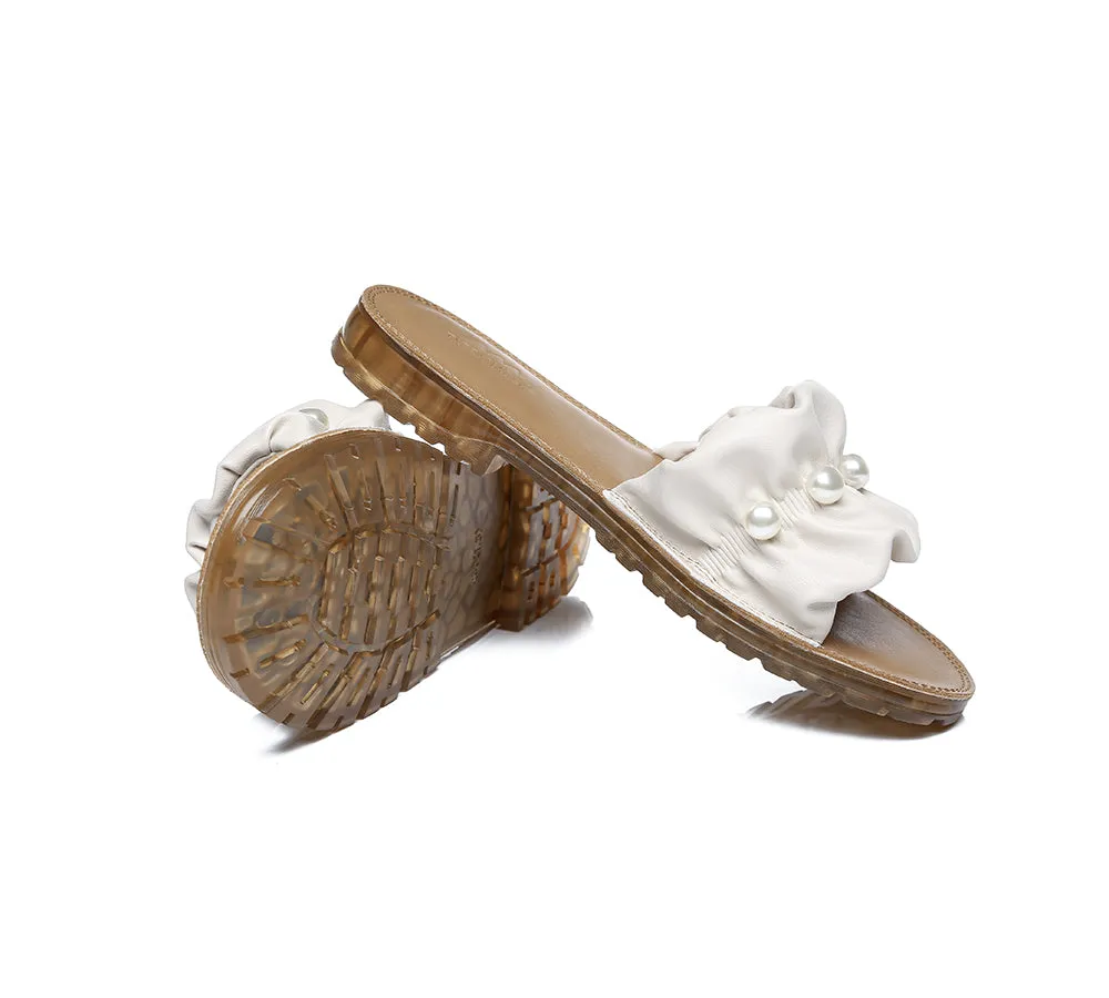 Women Leather Flats Slides Sandals With Pearls Linita