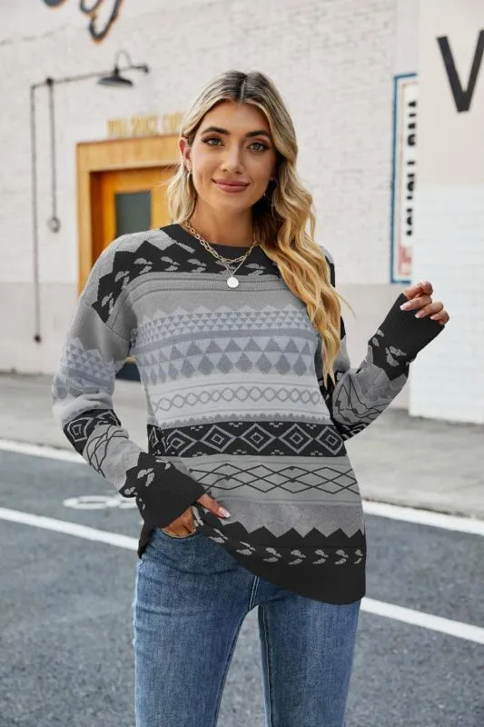 Women's Retro Jacquard Print Round Neck Knit Jumper